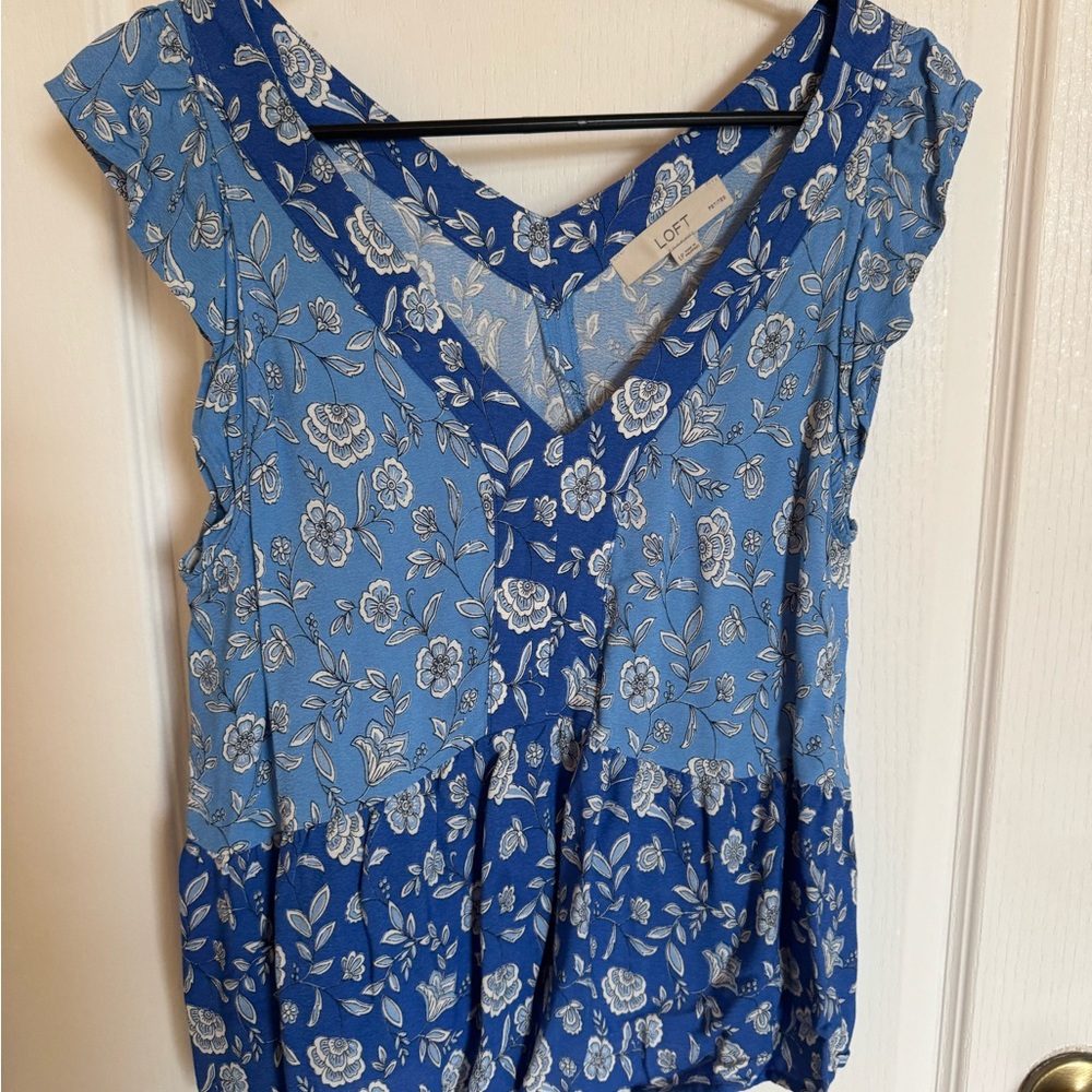 LOFT Blue Asymmetrical Ruffled Blouse